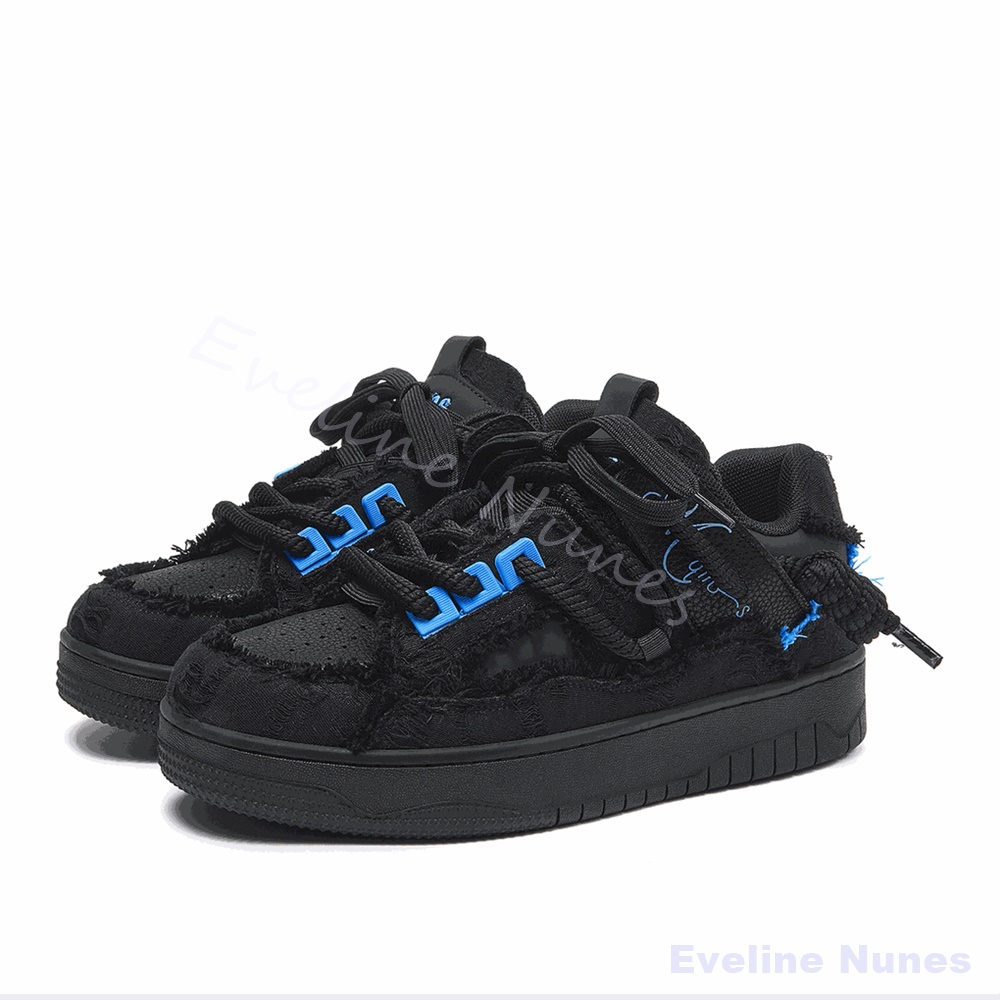 Embroidery Shoes - Black Frayed Raw Edge Platform Skate