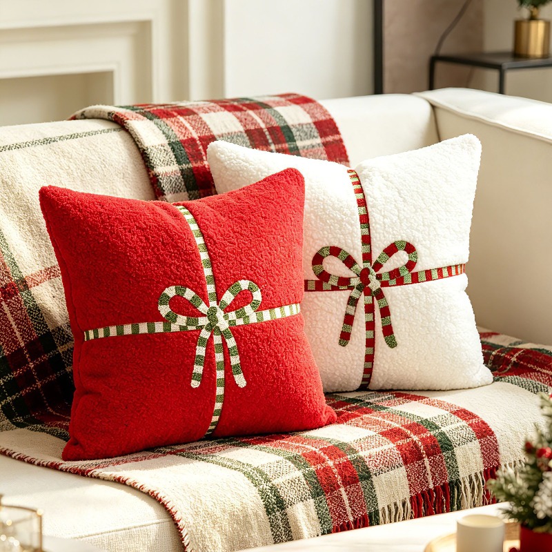 Embroidery Xmas Decorations - Christmas Teddy Fleece Throw Pillow Cover