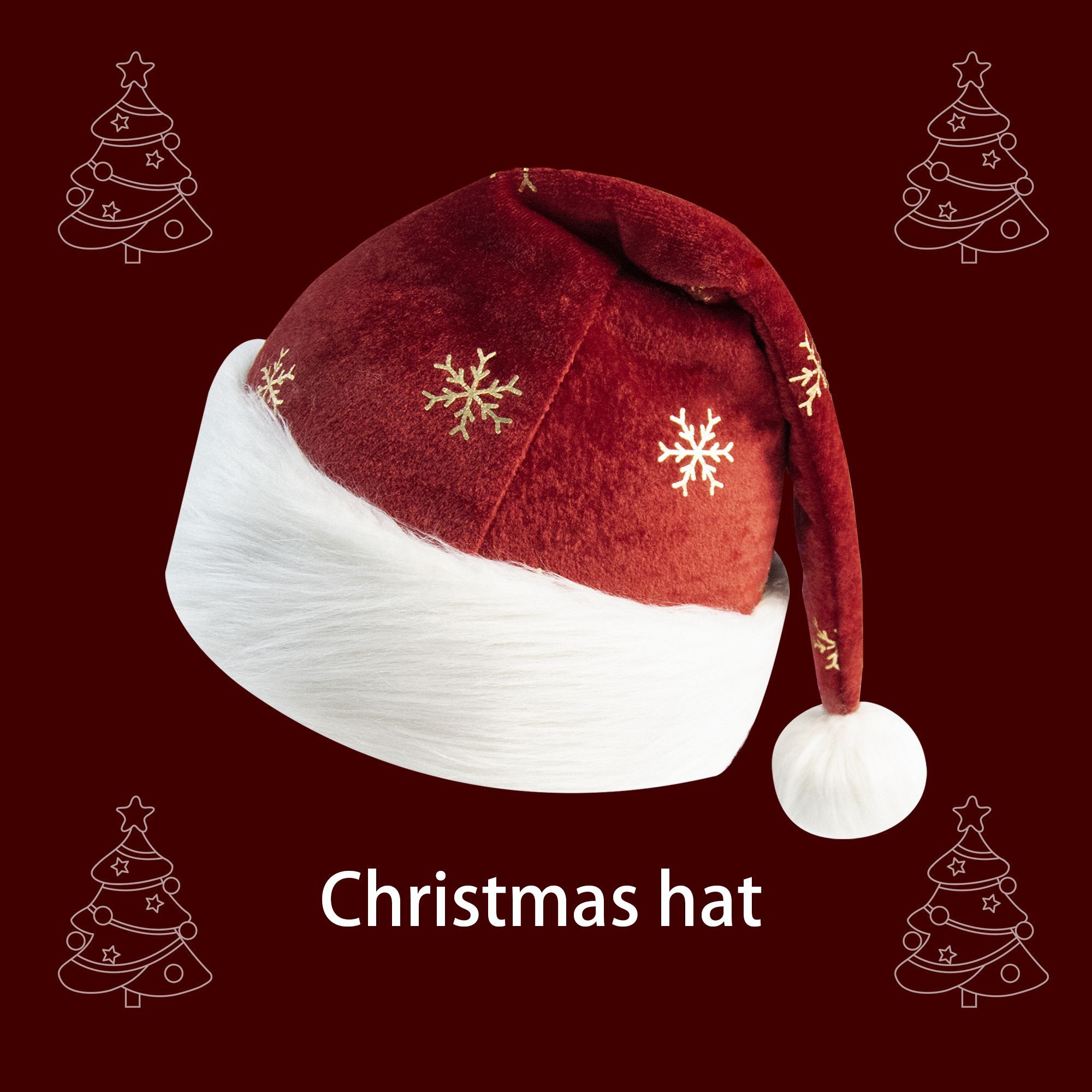 Embroidery Xmas Decorations - Christmas Hat Burgundy Velvet With Gold