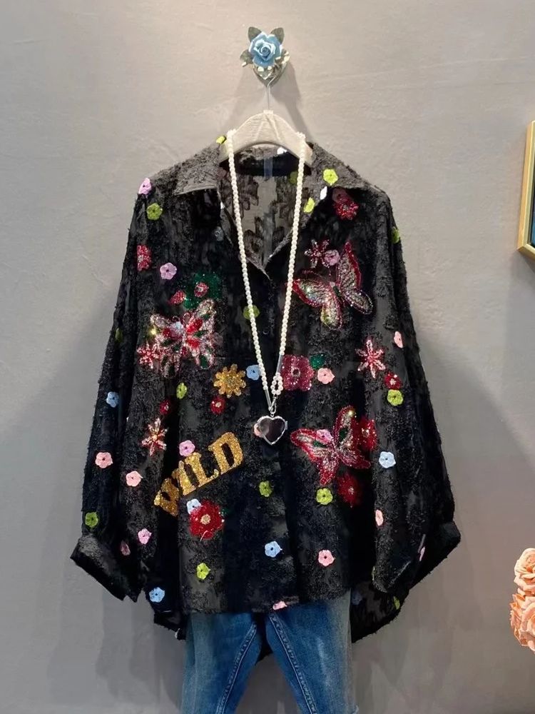 Embroidery Class - Sequined Embroidery Camisas Loose Casual Oversized