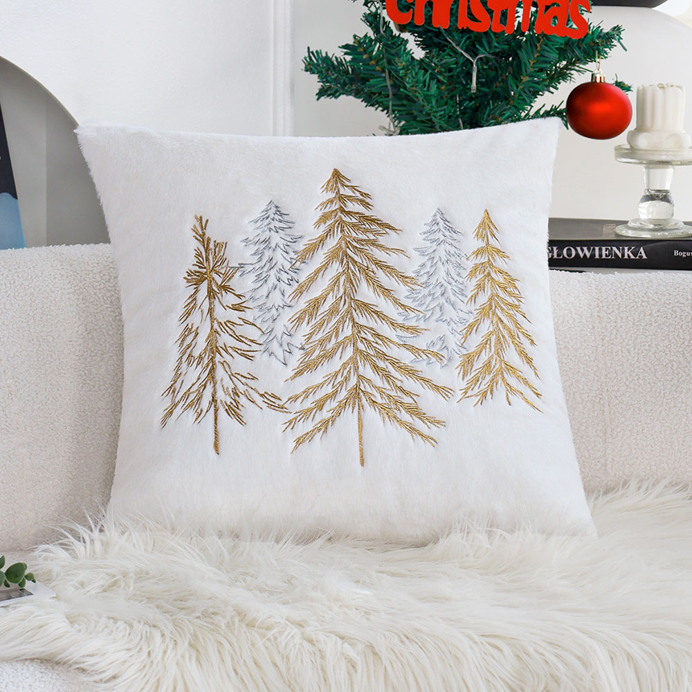 Embroidery Xmas Decorations - Christmas Faux Rabbit Fur Pillow Cover